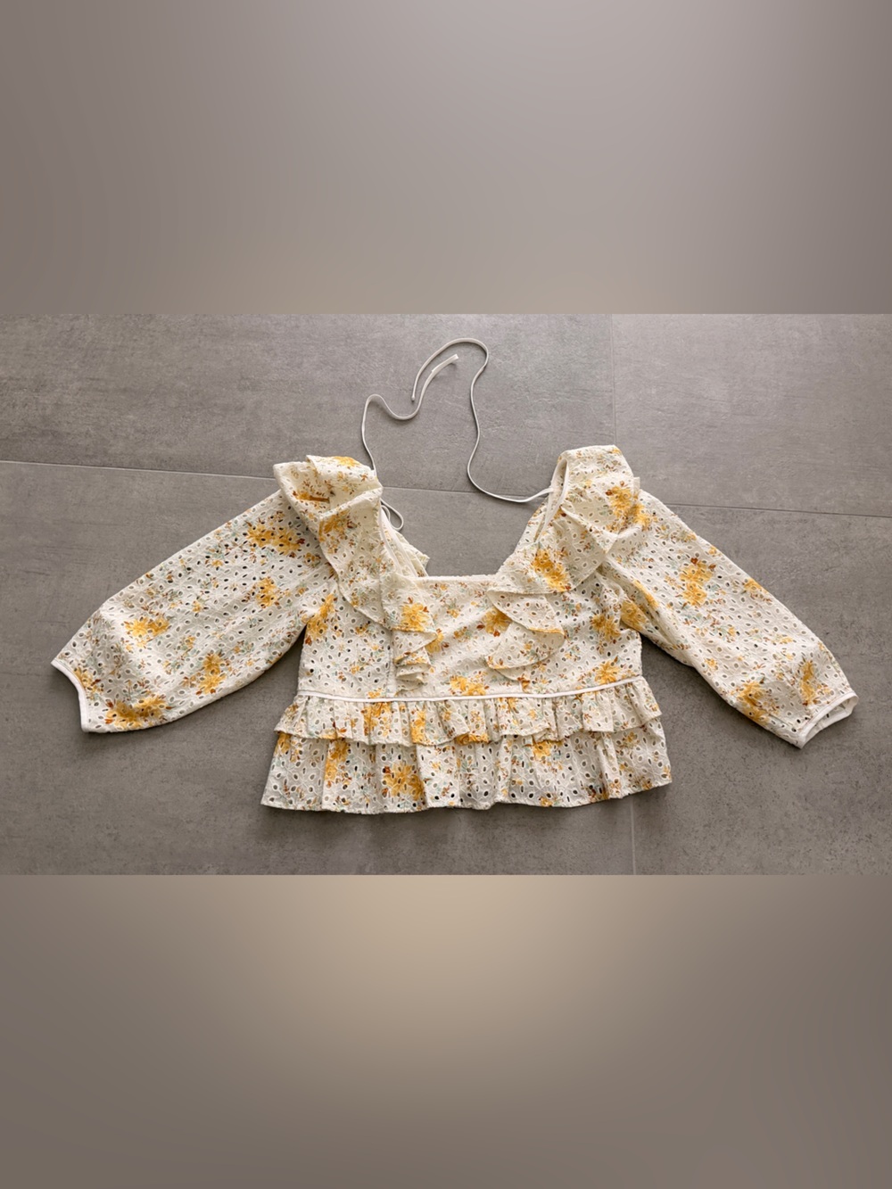 WAYF XS, Cream Eyelet Floral Top with Yellow Print, New - without tags